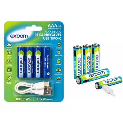 BATERIA PILHA AAA 1.5V 830MWH  RECARREGAVEL USB TIPO-C C/4 EXBOM 3ATC06